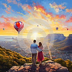 Panoramic view of Table Mountain with colorful hot air balloons in Cape Town