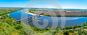 panoramic view of the Tagus River and the D.Luis I bridge from the Jardim das Portas do Sol in the Portuguese city of Santarem photo