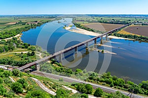 panoramic view of the Tagus River and the D.Luis I bridge from the Jardim das Portas do Sol in the Portuguese city of Santarem. photo