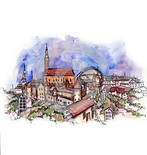 The panoramic view of Tallinn watercolor