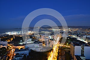 Panoramic view of Tangier at night.