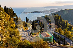 Panoramic view of Taormina shore at Ionian sea with Giardini Naxos and Villagonia towns in Messina region of Sicily in Italy