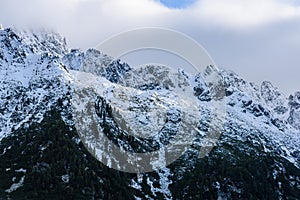 Panoramic view of Tatra mountains in Slovakia covered with snow