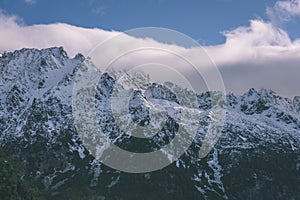 Panoramic view of Tatra mountains in Slovakia covered with snow