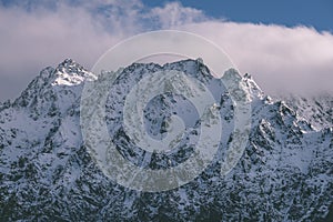 Panoramic view of Tatra mountains in Slovakia covered with snow