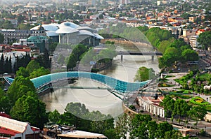 Panoramic view of Tbilisi city from the Narikala Fortress, old town and modern architecture. Tbilisi the capital of