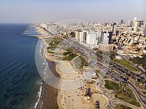 Panoramic view of Tel Aviv coastline shot on a sunny fine day. Metropolitan area and Mediterranean sea. Israel`s second