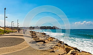 Panoramic view of Tel Aviv Mediterranean coastline with Charles Clore and Etzel park and Old City of Jaffa Tel Aviv Yafo, Israel