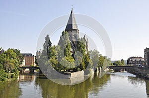 Panoramic view with Temple Neuf Church Island on Moselle river in Old Town of Metz City of France
