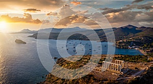 Panoramic view of the Temple of Poseidon at Cape Sounion at the edge of Attica, Greece