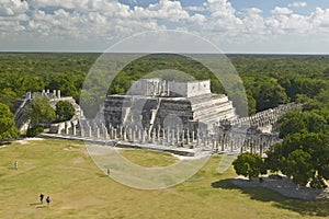 A panoramic view of the Temple of the Warriors out of jungle at Chichen-Itza. A Mayan ruin, in the Yucatan Peninsula, Mexico