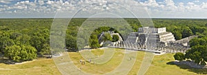 A panoramic view of the Temple of the Warriors out of jungle at Chichen-Itza. A Mayan ruin, in the Yucatan Peninsula, Mexico