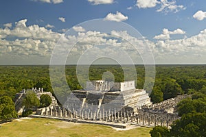 A panoramic view of the Temple of the Warriors out of jungle at Chichen-Itza. A Mayan ruin, in the Yucatan Peninsula, Mexico
