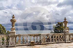 panoramic view from the terrace of the Borromeo palace on Isola Bella towards Lake Maggiore