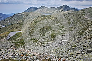 Panoramic view of Tevno lake from Kralev Dvor Peak, Pirin Mountain, Bulgaria