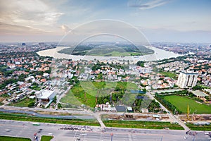 Panoramic view of Thanh Da peninsula, Ho Chi Minh city in sunset, Vietnam