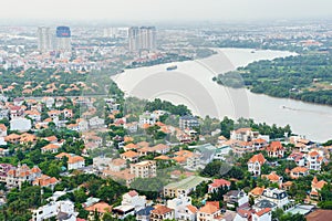Panoramic view of Thao Dien village area, Ho Chi Minh city in sunset, Vietnam