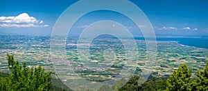 Panoramic view of Thermaikos Gulf of Aegean sea and Khalkidiki or Halkidiki peninsula seen from Olympus mountains in Greece