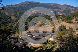 Panoramic view of the Tianluokeng Tulou cluster, Fujian, China