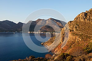 Panoramic view of Tilos island.Tilos island with mountain background, Tilos, Greece. Tilos is small island located in Aegean Sea,