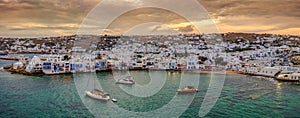 Panoramic view to the bay and town of Mykonos island