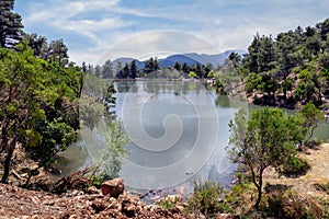 Panoramic view to Beletsi Lake on Parnes mountain in Athens, Greece