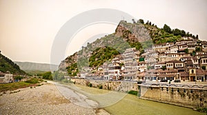 Panoramic view to Berat old town and Kisha e Shen Mehillit aka St. Michael church, Berat, Albania