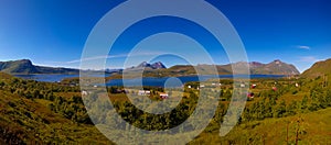 Panoramic view to Bostad village and Borgpollan fjord from Torvdalshalsen viewpoint at Vestvagoy Island, Lofoten, Norway