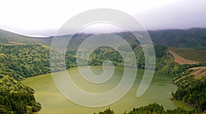 Panoramic view to Caldeira Funda lake at Flores island, Azores. Portugal