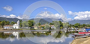 Panoramic view to the Church of Our Lady of Sorrow, historic town Paraty, Brazil