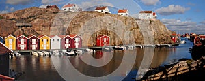 Panoramic View To Coloured Boat Houses At Smogenbryggan In Smogen