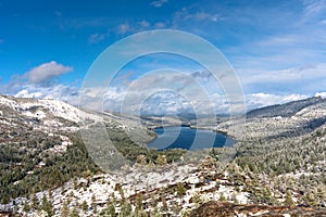 Panoramic view to Donner lake from Donner Pass, Sierra Nevada, Lake Tahoe area