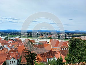 panoramic view to Drava river and old center of town Ptuj. Slovenia