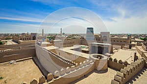 Panoramic View to the encircled by brick walls Inner Old Town, or Itchan Kala, in Khiva