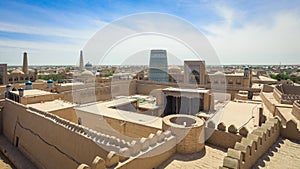 Panoramic View to the encircled by brick walls Inner Old Town, or Itchan Kala, in Khiva