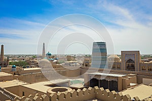 Panoramic View to the encircled by brick walls Inner Old Town, or Itchan Kala, in Khiva