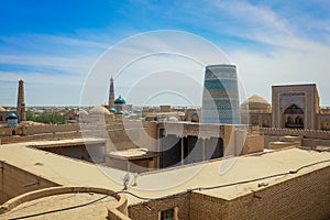 Panoramic View to the encircled by brick walls Inner Old Town, or Itchan Kala, in Khiva