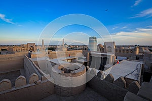 Panoramic View to the encircled by brick walls Inner Old Town, or Itchan Kala, in Khiva