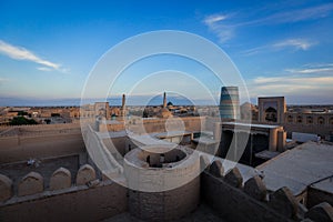 Panoramic View to the encircled by brick walls Inner Old Town, or Itchan Kala, in Khiva