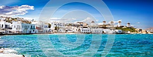 Panoramic view to the famous windmills of Mykonos