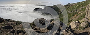 Panoramic view to foggy mountains, Pico do Arieiro, Madeira, Portugal