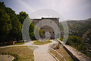 Panoramic view to Gjirokastra castle with the wall, Gjirokaster, Albania