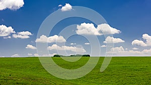 Panoramic view to green field with clouds in the blue sky