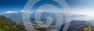 Panoramic view to the Himalayas from Sarangkot hill near Pokhara in Nepal