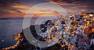 Panoramic view to the illuminated village Oia at the edge of the caldera at Santorini island