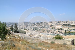 Panoramic view to Jerusalem Old city and Temple Mount, Dome of the Rock from Mt. of Olives, Israel