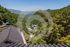 Panoramic view to Korean Buddhist Temple Complex Guinsa with valley and mountains. Guinsa, Danyang Region, South Korea, Asia