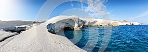 Panoramic view to the lunar landscape of Sarakiniko beach, Milos island, Cyclades, Greece