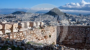Panoramic view to Lykavittos hill in city of Athens