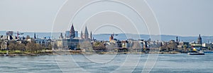 Panoramic view to Mainz with cathedral and river Rhine